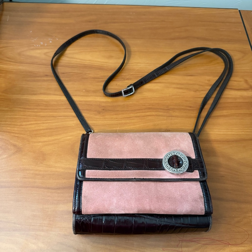 Brighton Suede Leather Central Park‎ Organizer Crossbody Purse Wallet Pink Brown